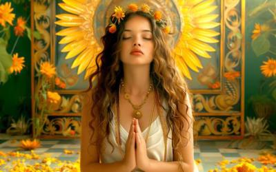 Spiritueel medium en paragnost tijdens consult met kaarten, straalt rust, intuïtie en verbinding uit in een warme, serene setting.