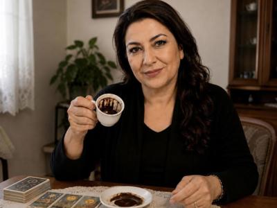 Medium Filiz kijkt vriendelijk in de camera tijdens een koffiedik sessie aan tafel, met een kopje Turkse koffie en een rustige huiselijke achtergrond.
